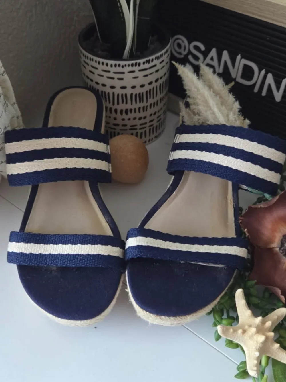 Lands End Navy/White Espadrille Slide Jute 2 Strap Wedge Sandal SZ 8